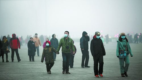 霧霾天氣帶著口罩的人群